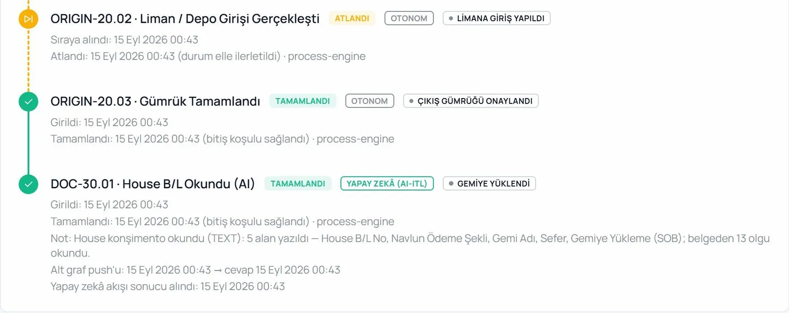 Process tab step where the AI reads a bill of lading and writes it to the file