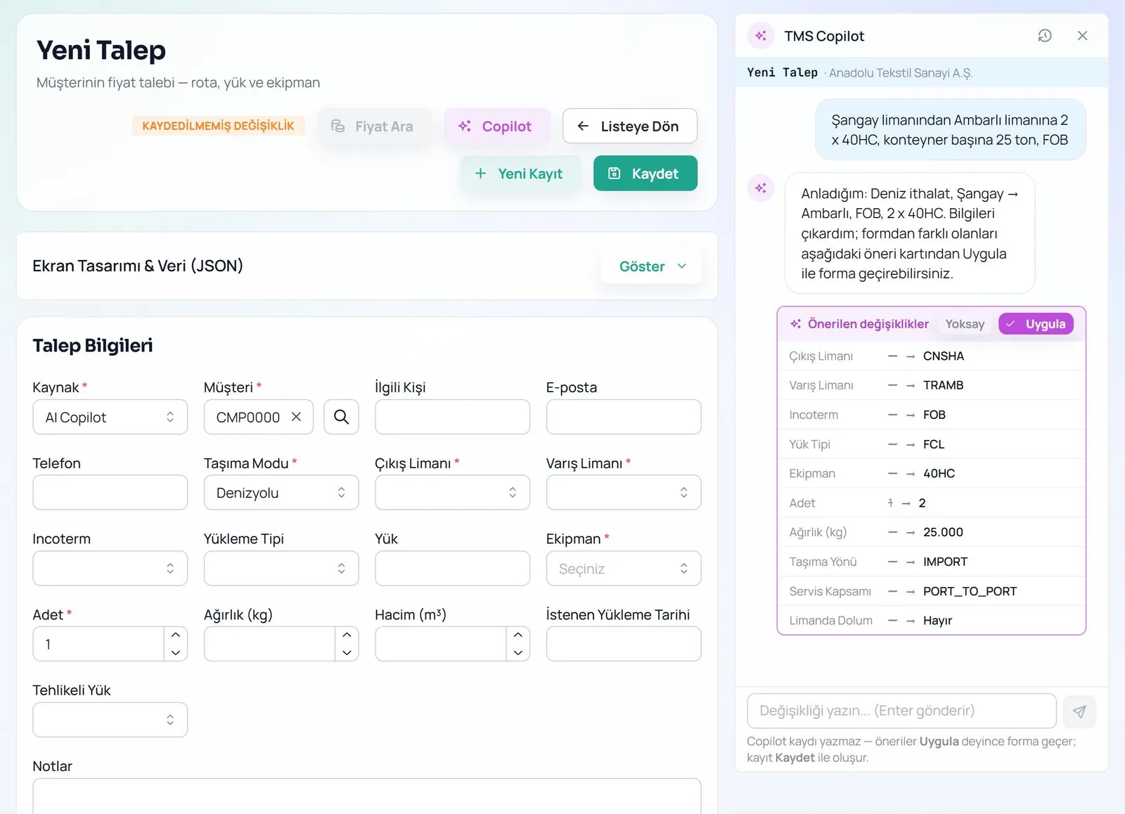TMS Copilot showing suggested inquiry changes extracted from a customer's sentence