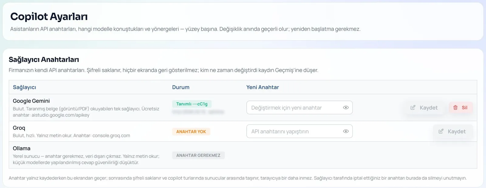Copilot Settings screen listing the Gemini, Groq and Ollama providers